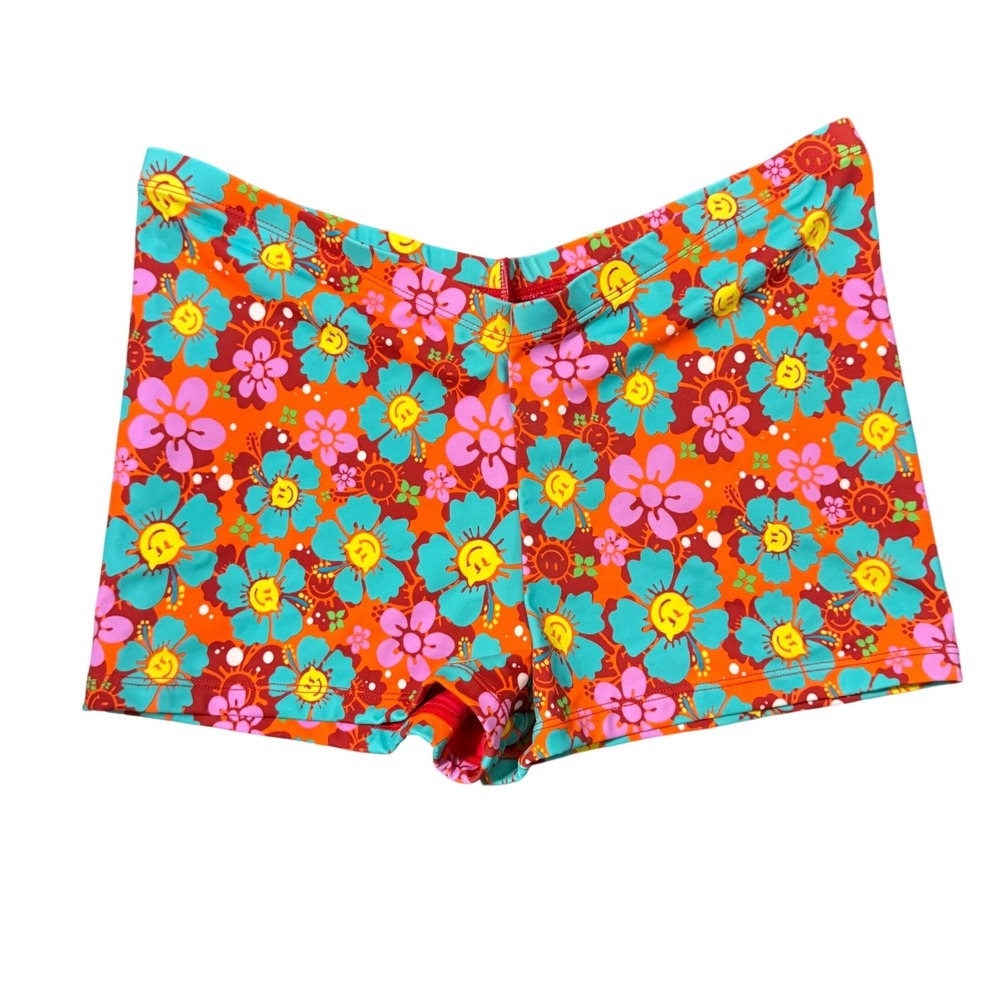 Blackbough Hippe Floral Smiley Face Swim Shorts XL Orange Teal Retro Beach Vacay